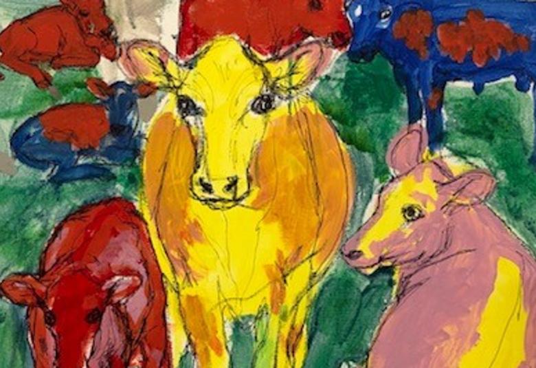 Kuvassa on Miina Äkkijyrkän teos, jossa on keskellä keltainen lehmä ja ympärillä on punaisia ja ruskeita vasikoita.