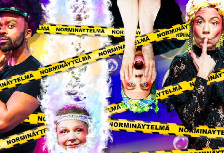 Kuvassa on on kollaasi näyttelijöistä ja heistä on leikatut kuvat eri kohdissa kuvaa.  Kuvassa on keltaisia nauhoja Norminäytelmä -tekstillä vinosti eri kohdissa kuvaa. 