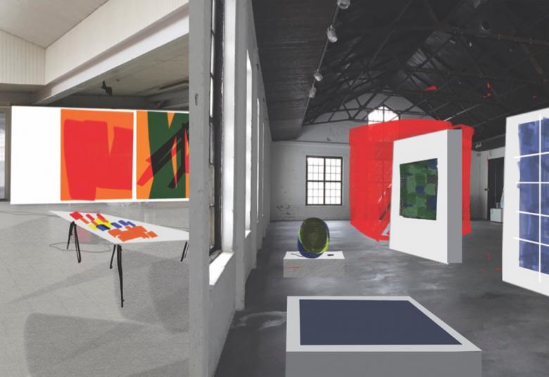 Kuvassa on kollaasi näyttelyn kahdesta huoneesta, jossa on seinillä modernia taidetta.