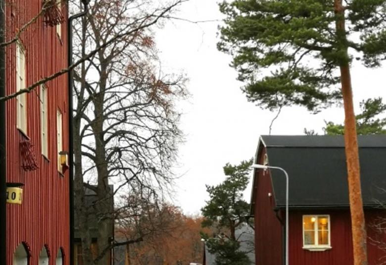 Kuvassa on osa kirjan kannesta ja siinä näkyy tien molemmin puolin tietä punaisten talojen seiniä. Taustalla näkyy mäntymetsää.