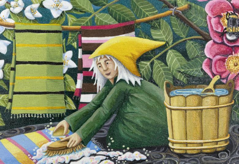 Naivistit Iittalassa kesän 2021 näyttelyn taiteilijan Kirsi Jalavan työ: Matot puhtaiksi ja tuoksuviksi.