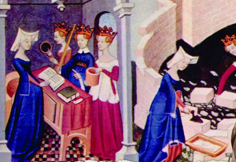 Kuvassa on osa kirjan kannesta ja naisia renessanssiajan vaatetuksessa italialaisessa kaupungissa.