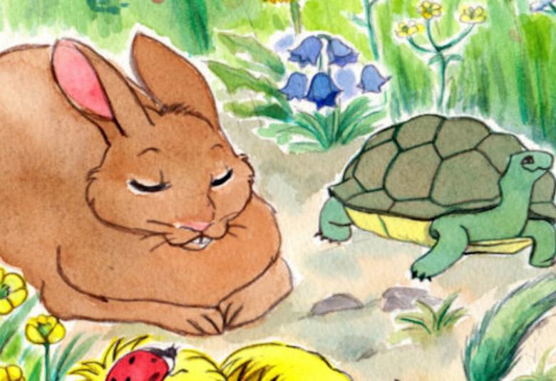 Jänis ja kilpoikonna sadun kansikuva juttuun Lahden kaupunginteatterin ja Sinfonia Lahden yhteistyönä syntynyt Soiva luontosatu -projekti.