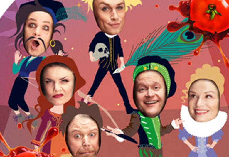 Kuvassa ovat Törnävän kesäteatterin näyttelijät vanerisessä taulussa, jossa on pään reiät ja jokaisen kasvot. 