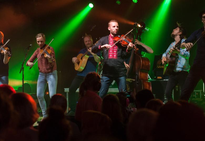 Kuvassa on seitsemän soittajaa, joilla on jousisoittimia, kitara ja bassokitara.  lava ontumma ja vihreällä valaistu.