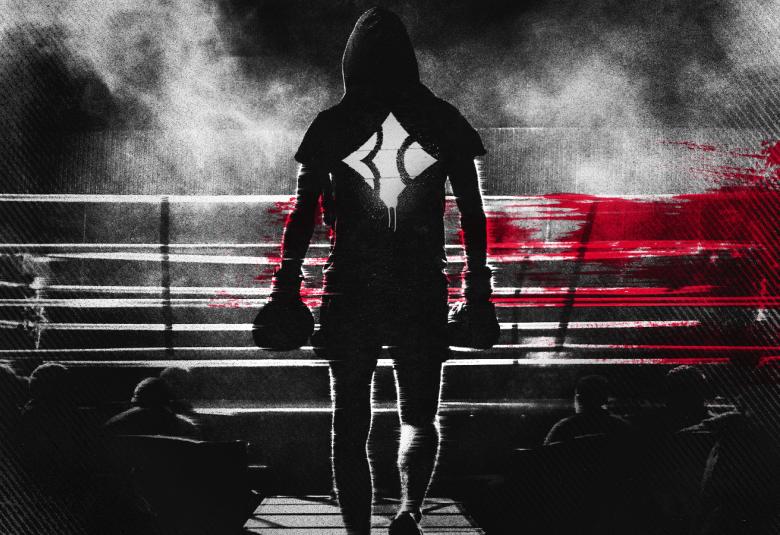 Kuvassa on mies, joka kävelee selin. Kuva on musta-valkoinen ja siinä on punaisia raitoja miehen edessä.