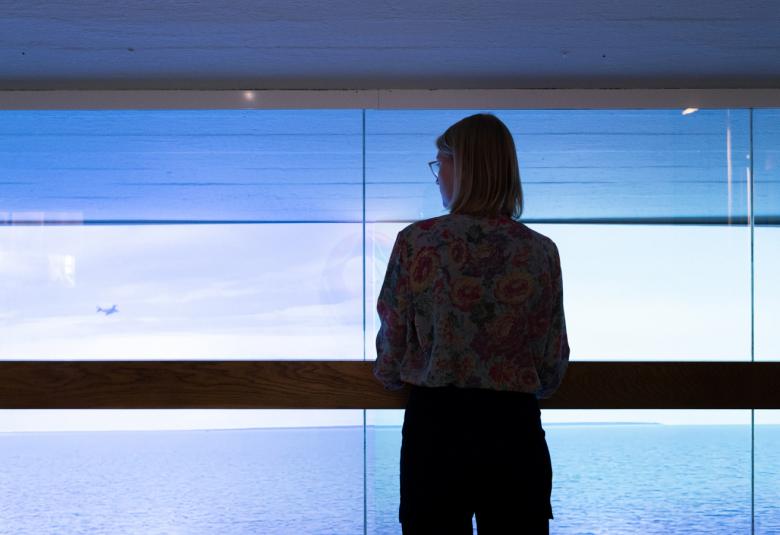 Kuvassa on nainen laivan kaiteen edessä katsomassa merelle.  Kuva on sininen.