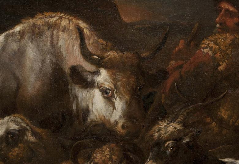 Philipp Peter Roosin öljymaalaus 1600-luvulta, Paimen, härkä, lampaita ja vuohia, lahjoitetaan Amos Rexin toimesta Saksaan Neubrandenburgin kaupungille.