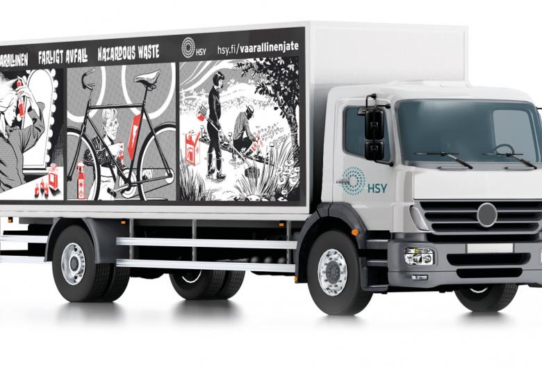 Helsingin seudun ympäristöpalvelut HSY jatkaa jäteautojensa kuvittamista ja Samuli Siiralan piirrokset  koristavat nyt kahta vaarallista jätettä keräävää jäteautoa.
