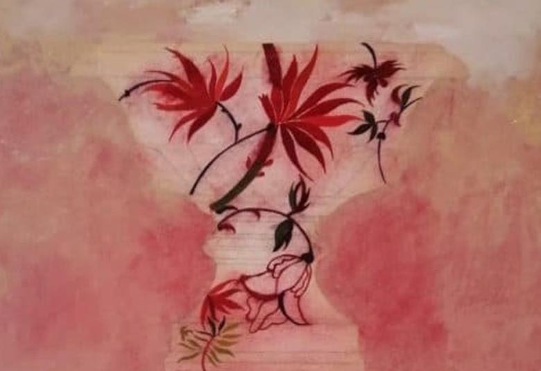 Kuvassa on vaalean punaisella ja vaalealla taustalla punainen kukka.