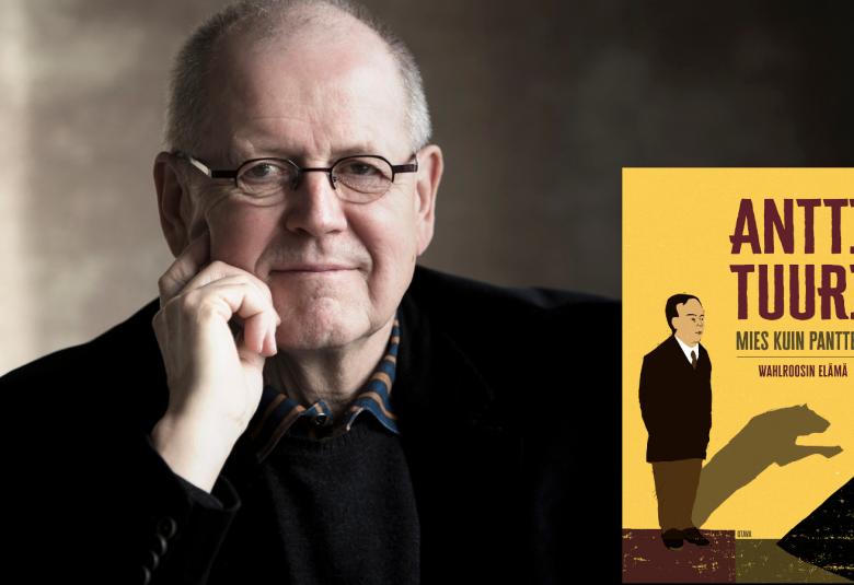 Kuvassa on Antti Tuuri istumassa vasen käsi poskea vasten. Oikealla on kuva kirjan kannesta.