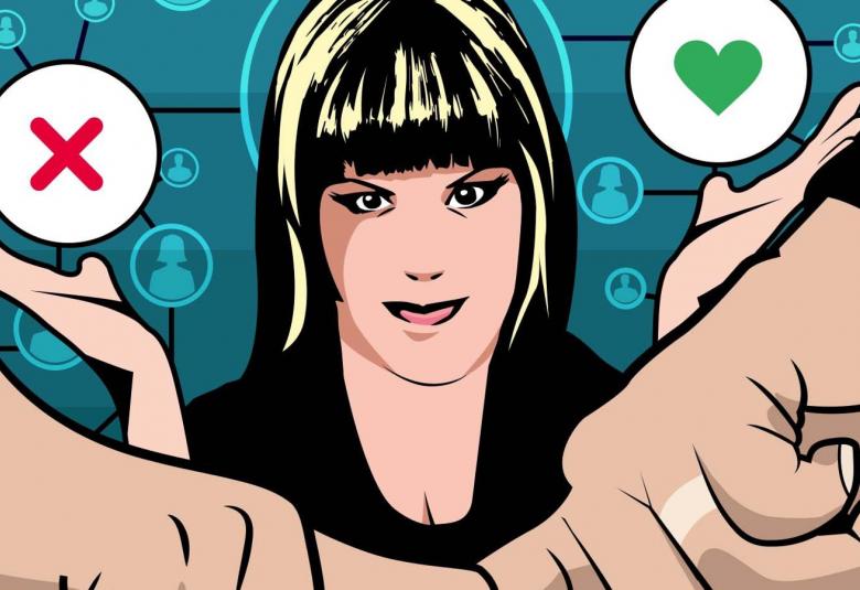 Kuvassa on osa kirjan kannesta, joka on piirros. Siinä on nuoren naisen kasvot ja taustalla sydämiä ja netin hahmokuvia harmaan turkoosilla pohjalla. Edessä näkyy kädet koskettamassa toisiaan.