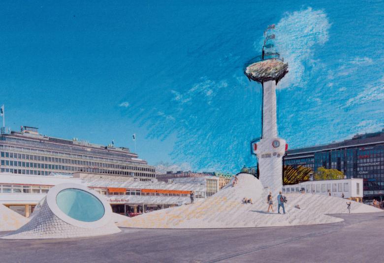 Kuvassa on luonnos näytteille tulevasta pesästä ja kuvassa on Lasipalatsin aukion olemassaolevia rakenteita.