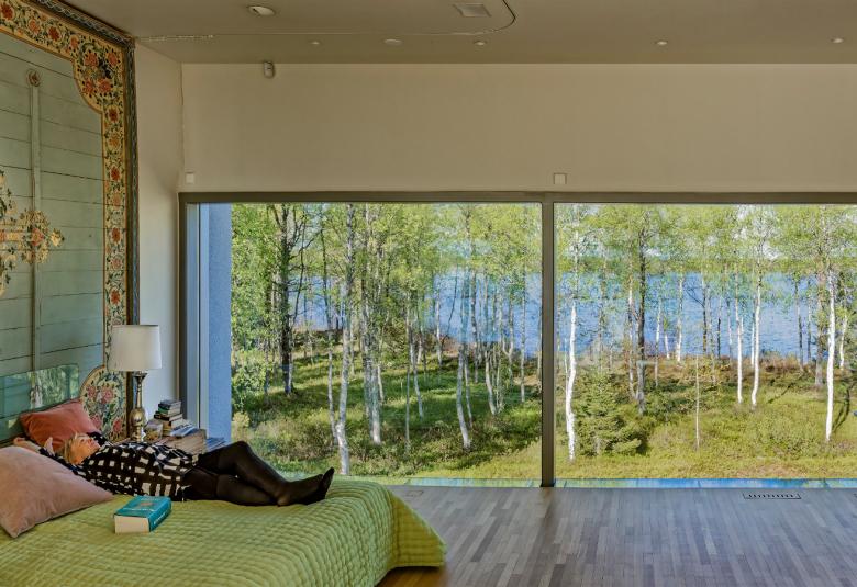 Kuvassa on Anu Pentikin koti, jossa on vihertävät sävyt. Anu Pentik makaa sängyllä ja katsoo ulo isoista ikkunoista.  Ikkunasta näkyy koivumetsää. 