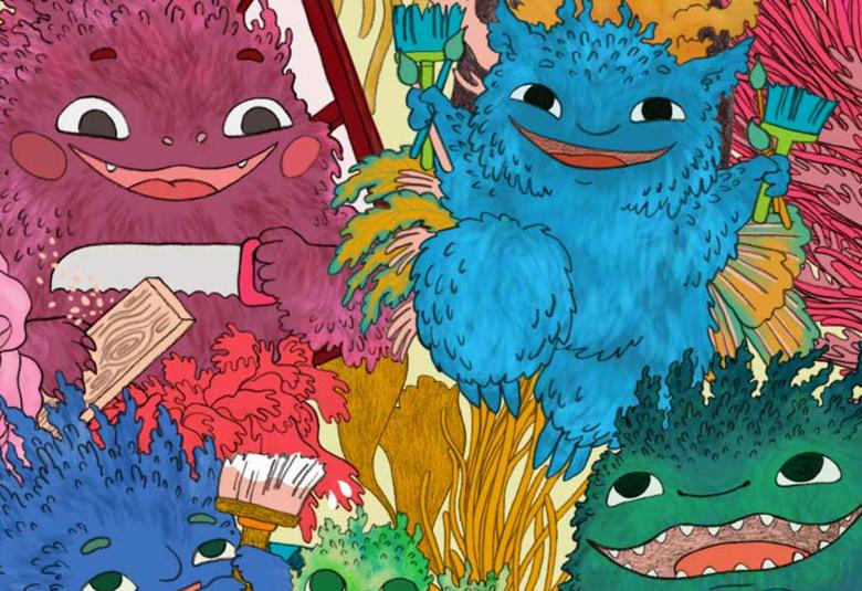 Kuvassa on värikkäitä otuksia ja taustalla kasvien varsia.