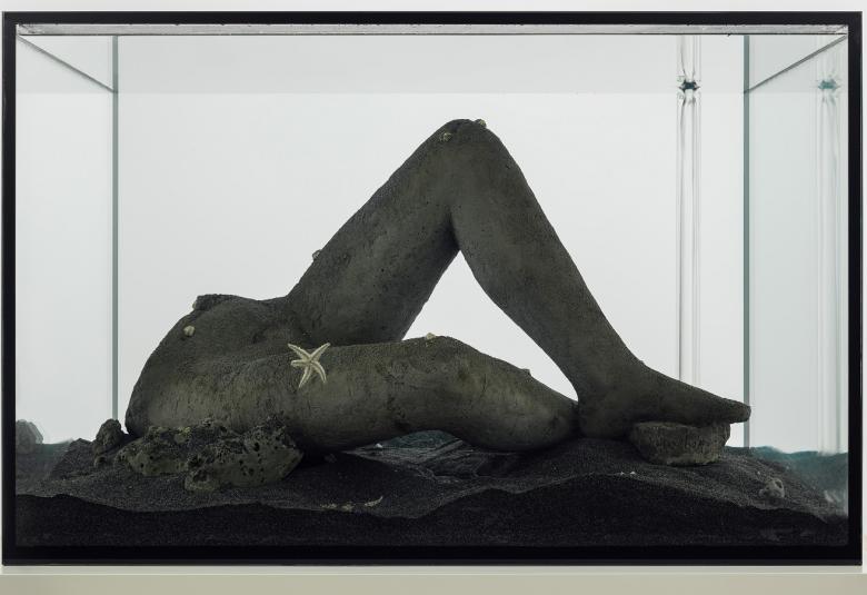 Kuvassa on isossa vitriinissä veistos, jossa on makaava vartalon puolikas eli vasen jalka taitettuna ja oikea tasossa. Kuva on musta-valkoinen.