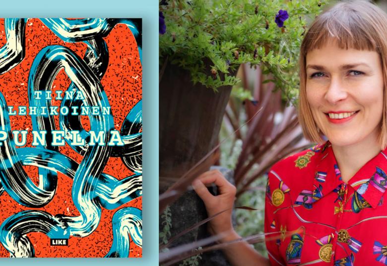 Kuvassa on oikealla Tiina Lehikoisen puolivartalokuva.  Hänellä on punainen, eri värisillä kuvioilla oleva pusero. Vasemmalla on kuva kirjan kannesta, jossa on punaisella pohjalla sini-harmaata köynnöstä.