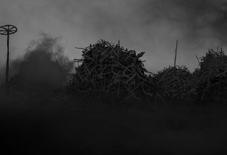 Kuvassa on musta-valkoinen kuva, jossa on mustia risukasoja ja taustalla on tummia pilviä.