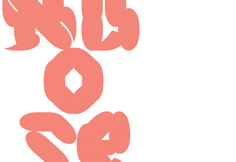 Kuvassa on vaalealla pohjalla leveällä pensselillä tehdyt roosan punaisella kirjoitetut kirjaimet nu ja o ja re kolmella rivillä. Osa logosta.