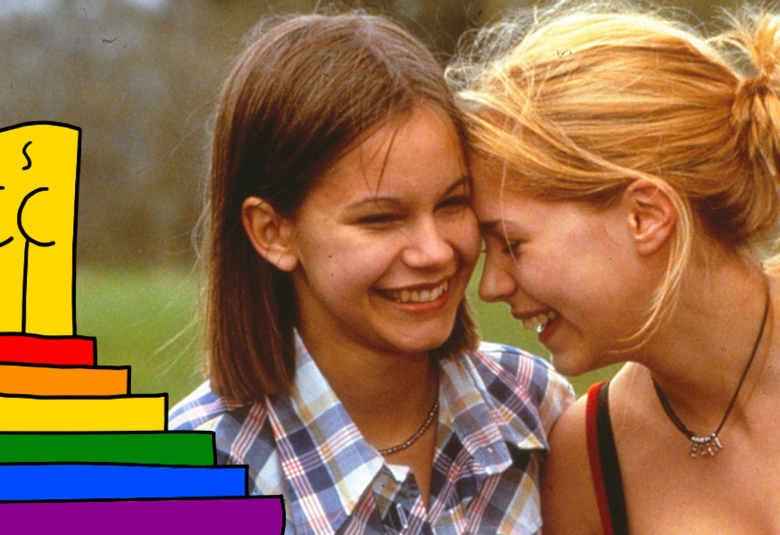 Kuvassa on Fucking Åmål -elokuvan tytöt juttelemassa lähekkäin.  Kuvassa on espp Cinén keltainen, piirretty puolivartalokuva vasemmalla. Sen alla on levenevä pino ja sateenkaarivärit.