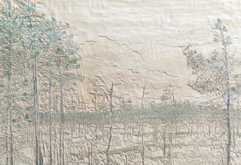 Kuvassa on vaalea hillitysti puita kuvaava suomaisema ja siinä näkyy reliefin kohoumia.