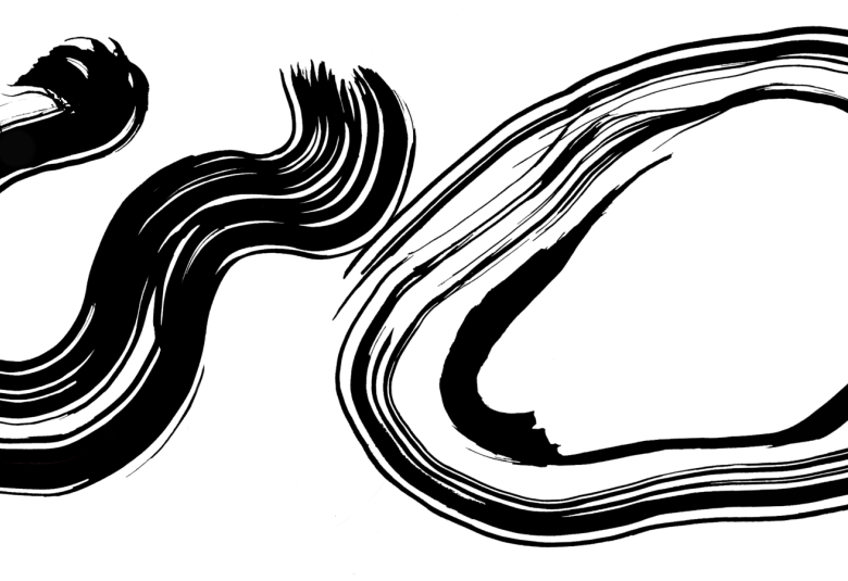 Kuvassa on valkoisella pohjalla kakasi mustaa, isoa kuviota.