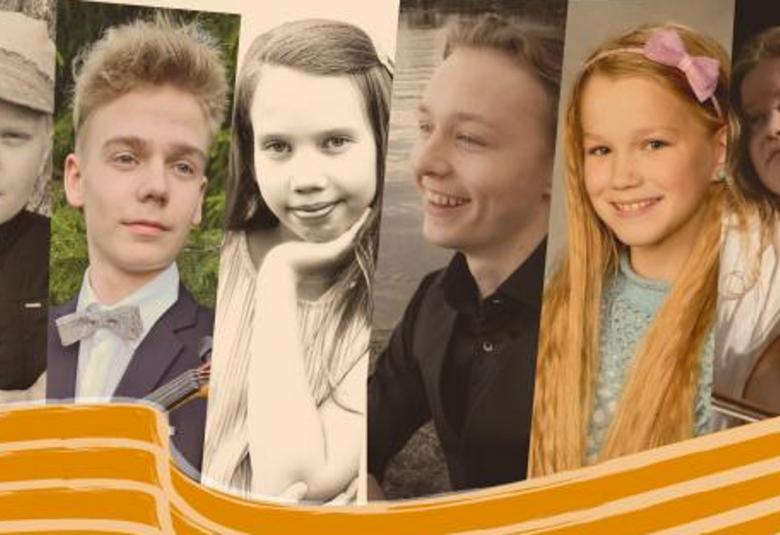 Kuvassa on vierekkäin kuvia finalisteista ja alla oranssi aaltomainen kuvio.