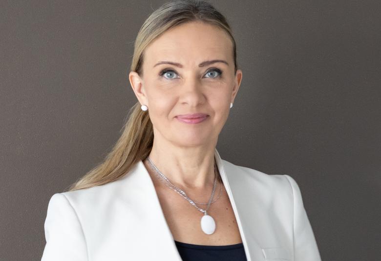 Kuvassa on Ilmi Villacís valkoisessa jakussa, mustassa  topissa ja kaulassaan hopeinen soikea kaulakoru. Hänellä on pitkät hiukset kammattuna taakse poninhännälle. Kuvan tausta on ruskea.