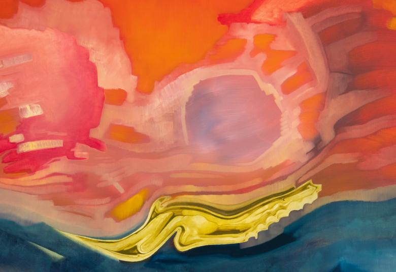 Kuvassa on pallomisia kuvioita ja yläosassa on oranssia ja palloissa punaista. Alaosassa on tumman sinistä.