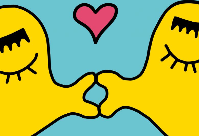 Kuvassa on turkoosilla pohjalla kaksi keltaista pulleaa hahmoa, jotka pussaavat.  Keskellä on punainen sydän.