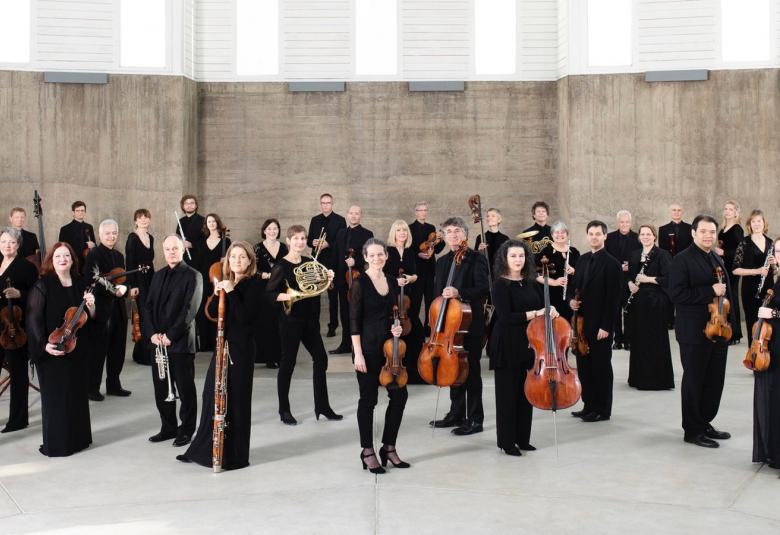 Kuvassa on orkesterin St. Martin in the Fields jäsenet seisomassa soittimet kädessään ja seisovat.  Taustalla on harmaa seinä. 