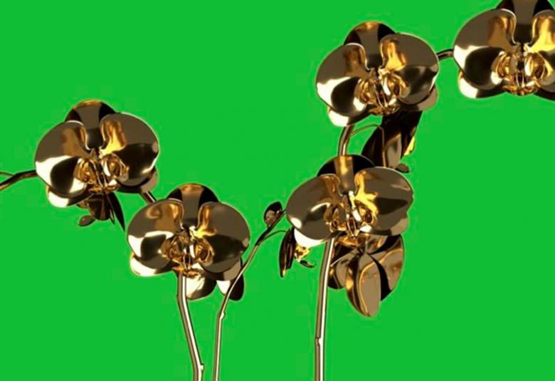 Kuvassa on vihreällä pohjalla metellisia kullattuja orkkideoja.