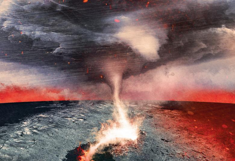 Kuvassa on on piirroskuva tornadosta, jossa on harmaata pilveä yläosassa ja alaosassa kapeaa pilveä.