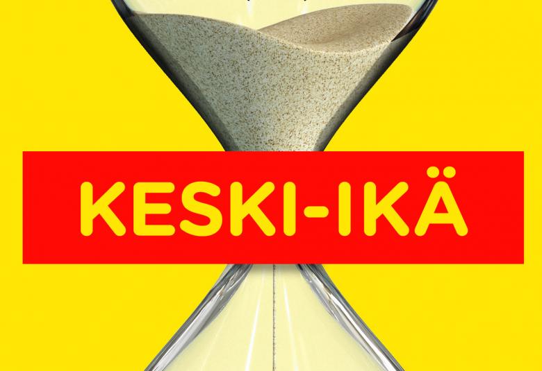 Kuvassa on osa kirjankannesta ja tiimalasista.  Tiimalasista valuu harmaata nestettä alaspäin.  Keskellä lukee punaisilla kirjaimilla keski-ikä ja tausta on keltainen.