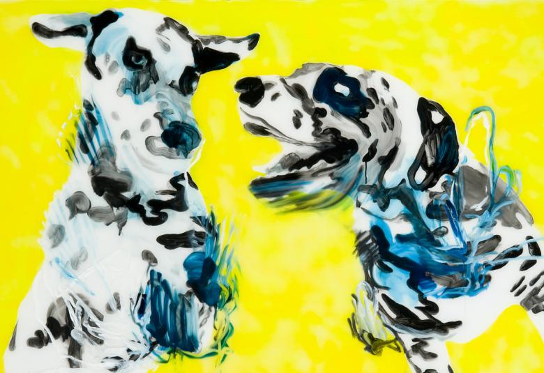 Kuvassa on keltaisella pohjalla kaksi dalmatialaista koiraa.