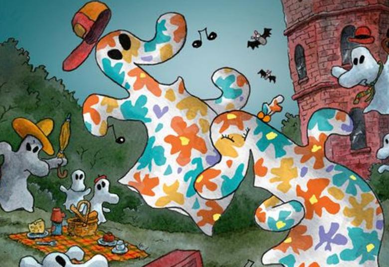 Kuvassa on iso kummitus leijailemassa ja pieniä kummituksia.  Kummituksella on kukallinen mekko.