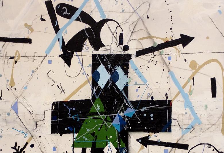 Kuvassa on maalaus, jossa vaalealla pohjalla on mm. musta Mikki-hiiren pää ja nuolia sekä abstrakteja kuvioita.