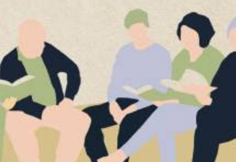 Kuvassa on osa kirjan kannesta ja siinä on piirroshahmoja, jotka ovat vaalean vihreätä ja vaalean sinistä sekä mustaa henkilöiden päällä.