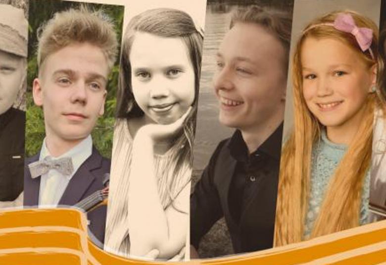 Kuvassa on musta-valkoisina kuvina sävellyskilpailun kuuden finalistin kuvia pystysuorina. 