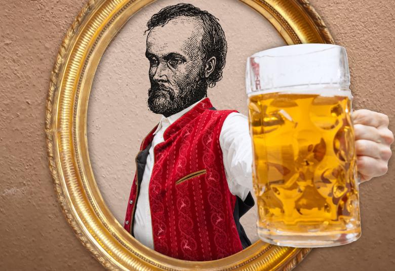 Kuvassa on Aleksis Kiven potretti ja edessä oluttuoppi, joka on suuri.