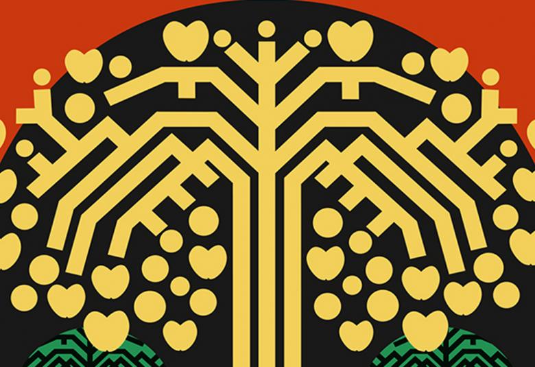 Kuvassa on puna-mustalla taustalla keltanen puu, jonka oksat kaartuvat alaspäin ja oksien päissä on palloja.