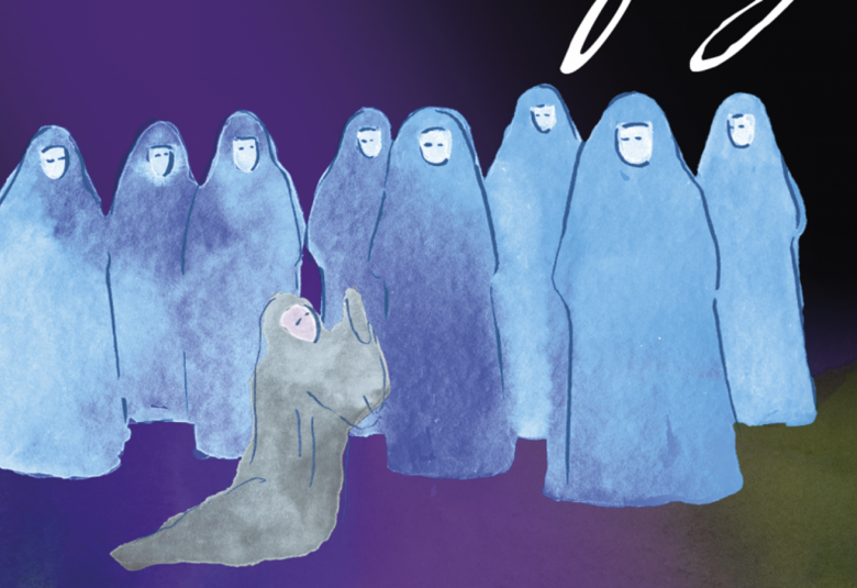 Kuvassa on tumman violetti tausta ja kuvassa on vaaleita hahmoja, jotka ovat kaavuissa. Yksi hahvoista on polvillaan maassa.  