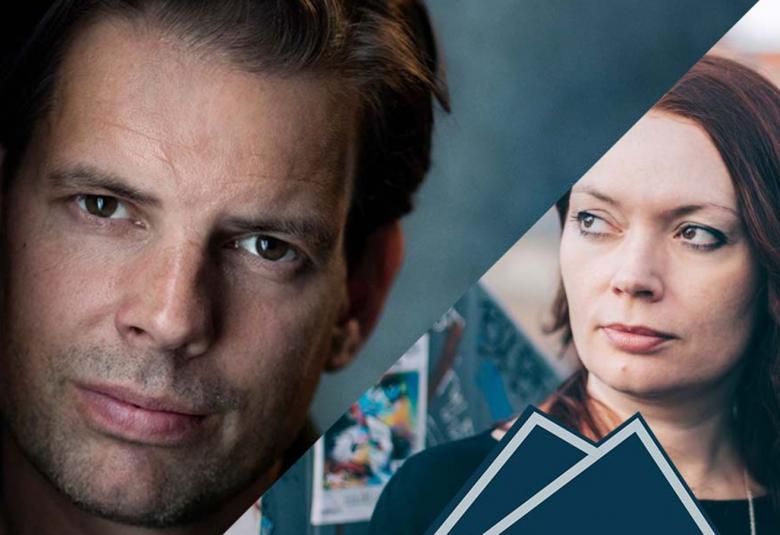 Kuvassa ovat vasemmalla Alex Schulman ja oikealla Zoë Beck ja molemmista on kasvokuvat. Kuvien muoto on tehty halkaisemalla. 