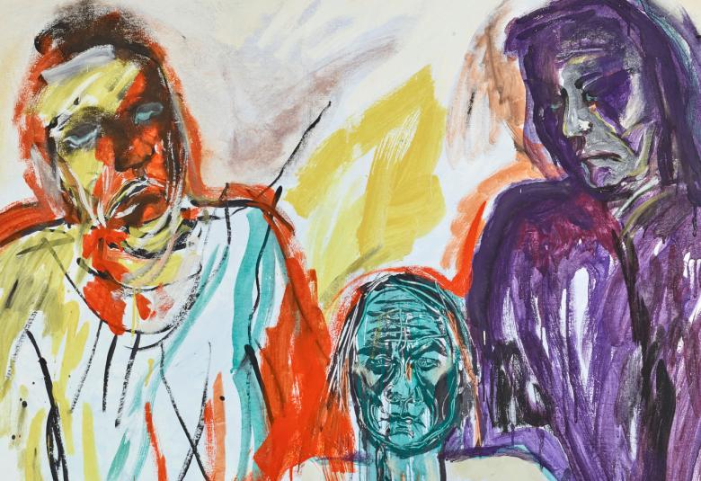 Kuvassa on kolmen naisen hahmot, joissa ei ole kasvon piirteitä ja keskimmäinen on istumassa ja hänellä on vauva käsillään. Oikealla on vahvan violetin värinen hahmo.