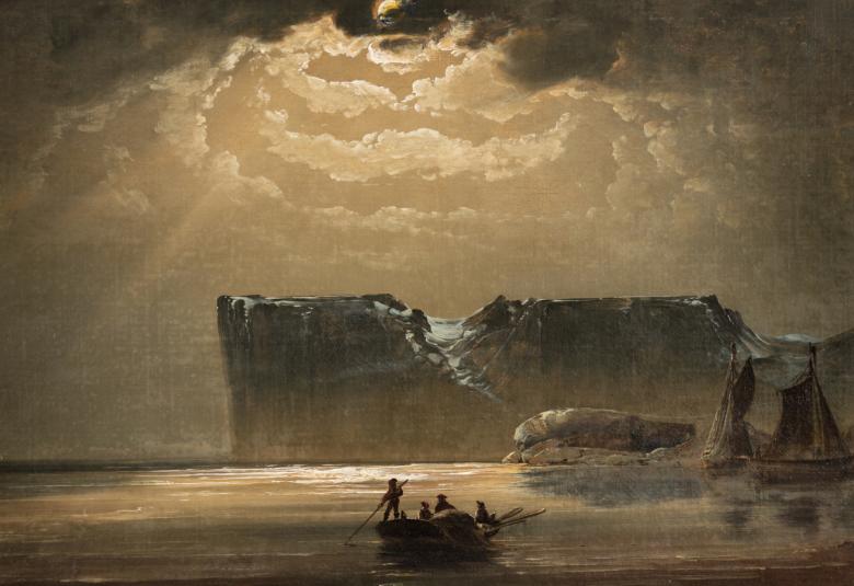 Kuvassa on kuva mereltä, jossa on keskellä kallio ja edessä veneitä vedessä.  Taivaalla on aukko, josta tulee valoa merelle.  Kuvan sävy on tumma ja ruskehtava.