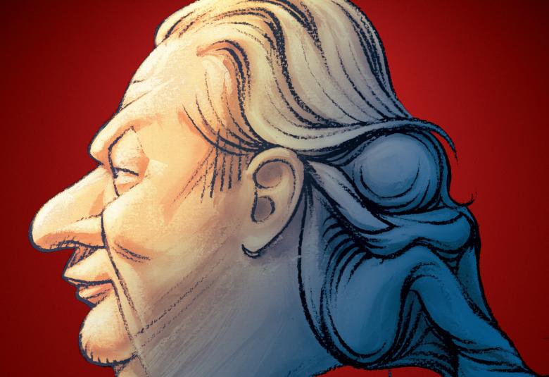 Kuvassa on Jope Ruonansuun karikatyyrimäinen vaalea sivukuva, jossa hänellä on pitkät hiukset takana. Takana hiuksissa on myös kuva kyyristyneestä nuoresta. 