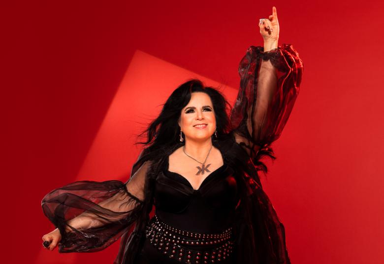 Kuvassa on Kaija Koo puolivartalokuvassa vasen käsi ylöspäin ojennettuna.  Hänellä on musta puku päällään ja siinä on avonainen kaula-aukko sekä ohuet suuret puhvihihat. Tausta on luumun värinen.