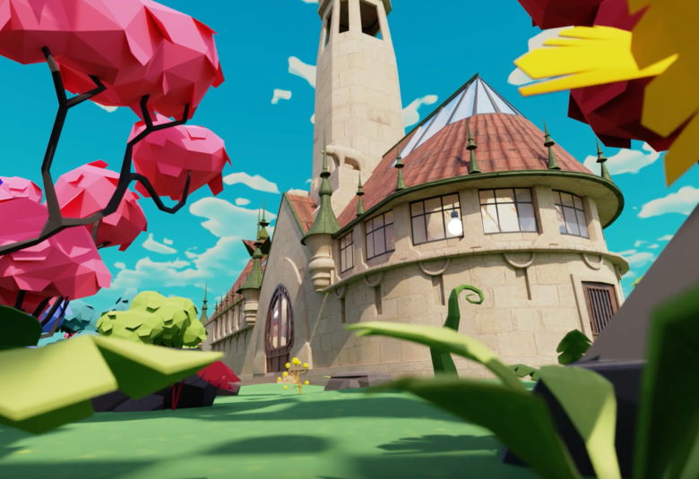 Kuvassa on oikealla on punaisia kukkia ja vihreää nurmikkoa sekä oikealla on ruskehtava pyöreän muotoinen paviljonki.