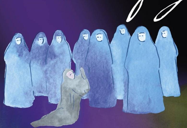 Kuvassa on sinisellä pohjalla valkoisia enkelihahmoja ja yksi enkeli on polvillaan toisten edessä.