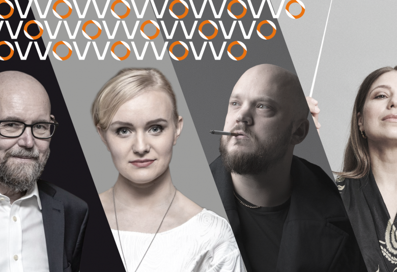 Kuvassa on vinosti leikattuna neljä kuvaa, joissa on potrettikuvat Esko Valtaojasta, Ringa Mannerista, Pyhimyksestä ja Dalia Stasevska. 